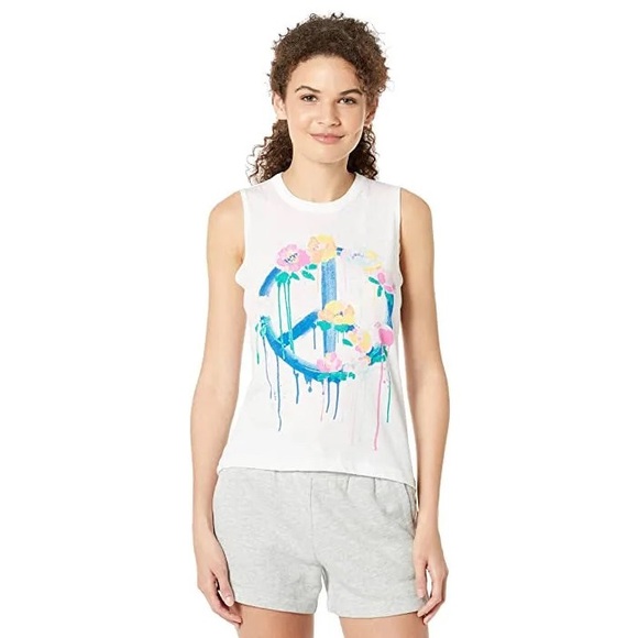 Chaser Drippy Peace Flowers White Muscle Tank Top NEW Small - Picture 3 of 4